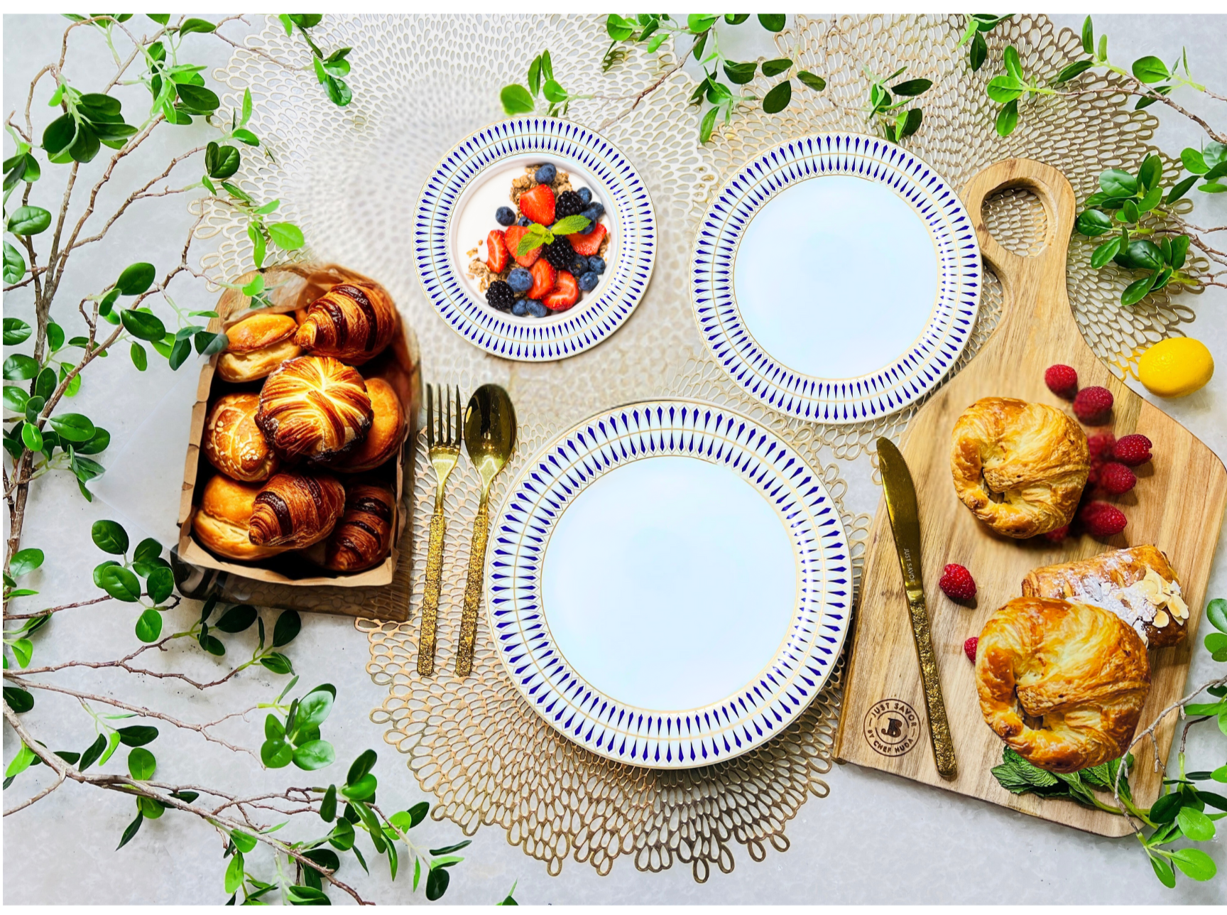 Sapphire &amp; Gold Ceramic Dinner Plates - Elegant Blue &amp; Gold Set of 4